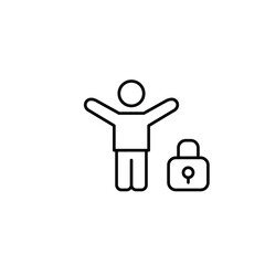 Happy person with arms raised celebrating success and lock. Secure achievements. Pixel perfect, editable stroke vector icon