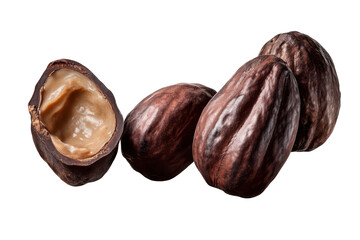Obraz premium Close up of raw cocoa beans and nibs isolated on transparent background. Cacao beans isolated on white background.