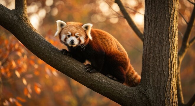 A vibrant red panda perches on a tree branch, surrounded by autumnal foliage and soft light - Powered by Adobe