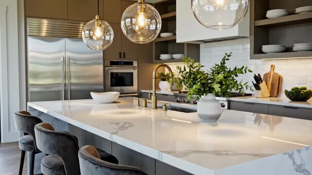 Modern Kitchen Interior with Marble Island and Elegant Lighting Fixtures