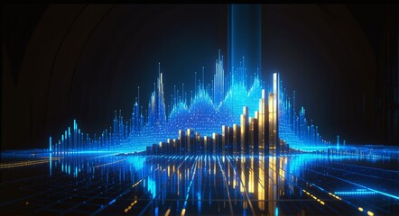 A futuristic digital landscape featuring glowing blue and gold data bars, reflecting on a sleek, grid-lined floorevoking advanced technology and cybernetic aesthetics.