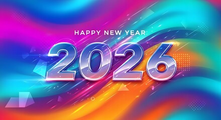 Happy New Year 2026 text with colorful abstract background celebrating the upcoming year and new beginnings