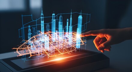 Futuristic 3D holographic city with hand interaction for smart urban planning