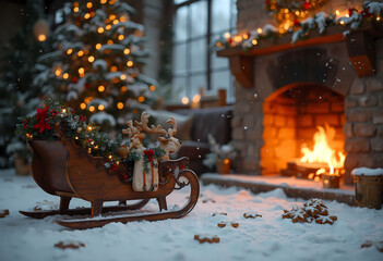 Christmas sleigh decoration with gingerbread cookies and fireplace