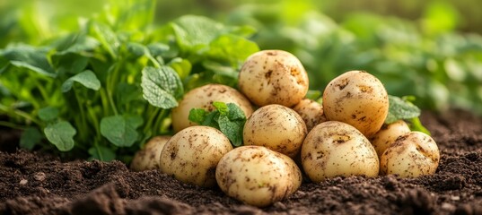 Harvest Time Freshly Dug Organic Potatoes in the Garden Surrounded by Healthy Soil and Plants