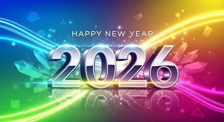 Futuristic New Year 2026 celebration background with shiny metallic numbers, glowing light waves, and a rainbow crystal design