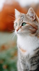 Fototapeta premium Close Up Of A Brown Tabby Cat With Green Eyes Sitting Outdoors In Autumn With Blurred Orange Foliage Background