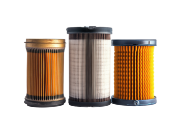 Collection of various air filters isolated on transparent background. Air fuel or oil filters isolated on white background.