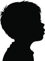 Black silhouette profile of young child head and shoulders, side view portrait, isolated design, innocence, childhood concept, artistic vector illustration
