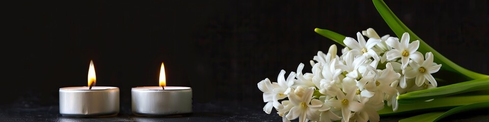 Fototapeta premium Funeral background with white hyacinths and a candle, with space for text.