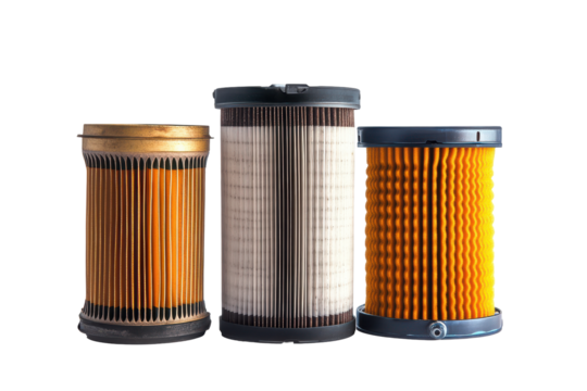 Collection of various air filters isolated on transparent background. Air fuel or oil filters isolated on white background.