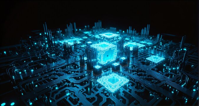 A futuristic, glowing blue circuit board with illuminated microchips and intricate pathways, symbolizing advanced technology and digital innovation.