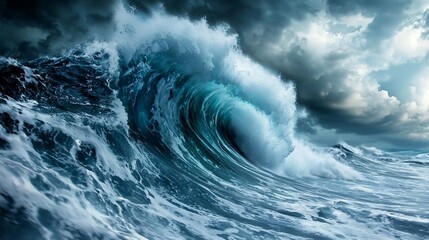 Dramatic Ocean Wave Crashing Under Stormy Sky Powerful Seascape.
