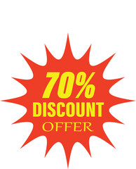 A red starburst seal graphic with yellow text indicating a 70% off discount for sales and promotions.