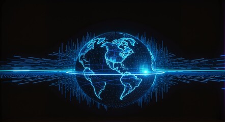 A futuristic, glowing blue globe surrounded by digital data streams and light particles, symbolizing global connectivity in the age of technology.