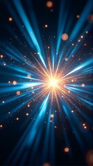 Obraz premium A radiant burst of blue and golden light explodes outward, creating a dynamic cosmic scene filled with sparkling particles and glowing rays against a deep dark background.