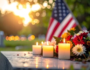 Burning candles and flowers commemorating patriot day at sunset with american flag