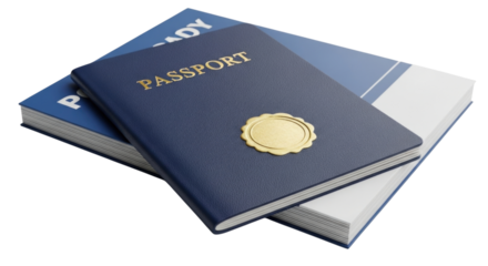 Blue passport on top of a book transparent background cutout png