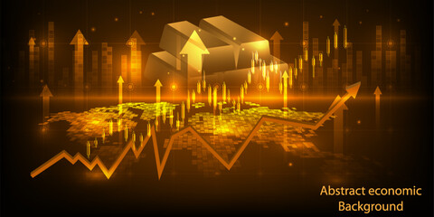 Vector illustrations of global economics with gold market increase graph uptrend artwork and background financial and investment.