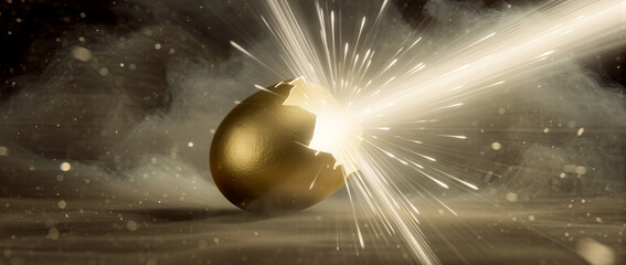 Golden egg breaking open with dazzling sparks and brightness