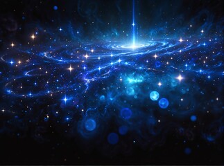 A mesmerizing cosmic swirl of deep blue nebulae and glowing stars, with a radiant central galaxy pulsing light against the dark voidevoking wonder and mystery of outer space.