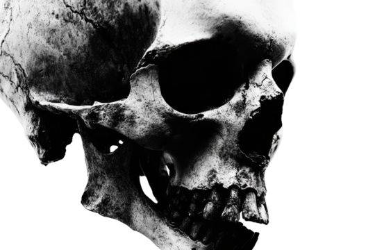 Close up of a human skull fragment isolated on transparent background. Close up of a skull isolated on white background.