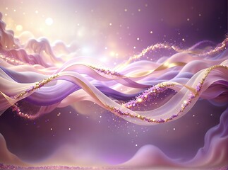 A dreamy, ethereal swirl of pastel ribbons in lavender and gold, adorned with sparkling particles against a soft purple backdrop  evoking magic, fluid motion, and celestial wonder.
