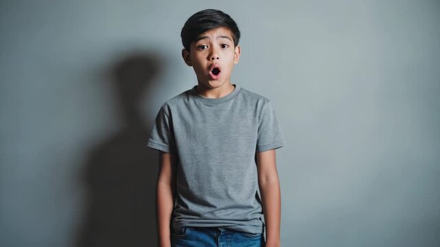 Portrait of young boy in a grey t-shirt, standing against grey wall background, looking to the side. Simple composition emphasizing subject's contemplative expression and solid colors.