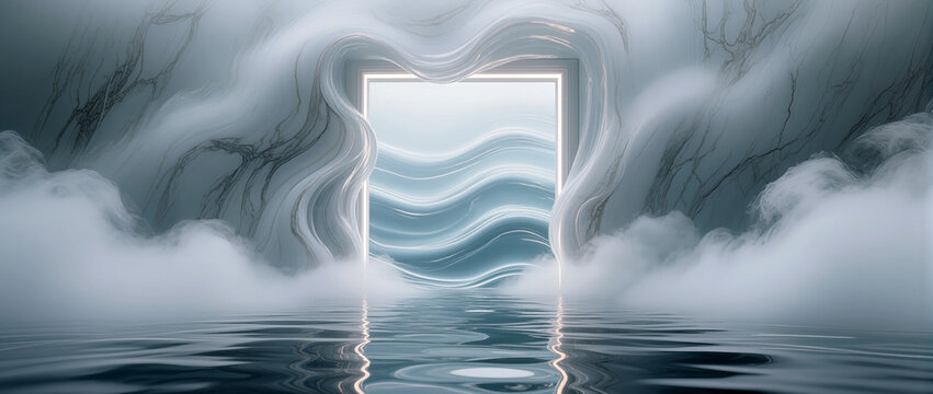 Mysterious portal reveals waves and serenity in a tranquil space