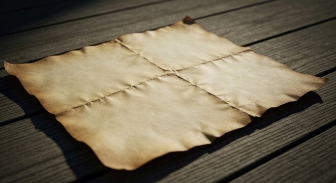 Aged parchment paper, stitched, lies on weathered wooden planks, casting shadows - Powered by Adobe