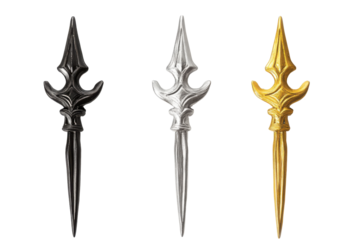 Ornate spearheads in black silver and gold isolated on transparent background. Collection set of tridents in silver, gold, and black isolated on white background.