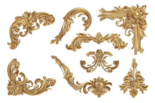 Collection of ornate gold baroque decorative elements isolated on transparent background. Collection set of ornate golden corner decorations isolated on white background.