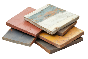 Stack of square textured tiles with various colors isolated on transparent background.