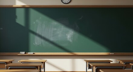 An empty classroom view, showcasing desks, a chalkboard, natural light, and a clock