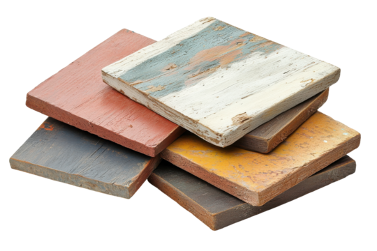 Stack of square textured tiles with various colors isolated on transparent background.