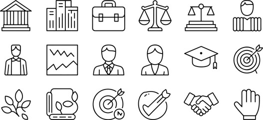 Business and legal service icons set for professional and academic themes in simple line art style