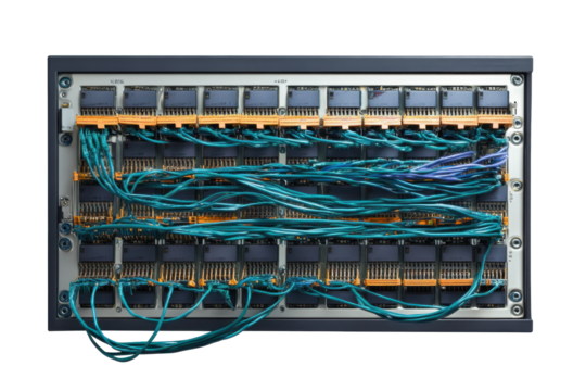 Server rack with colorful network cables isolated on transparent background. Computer network server isolated on white background.