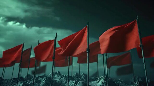 Red flags waving in the sky during a storm, symbolizing political activism or protests. A metaphor for ideological conflict and the force of social change.
