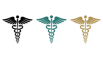 Three Caduceus symbols in black teal and gold on white background medical symbol healthcare