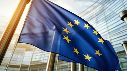 A blue and yellow flag with stars on it. The flag is hanging from a metal pole. The pole is located in front of a building - Powered by Adobe