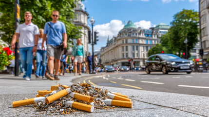 City street scene captures a pile of discarded cigarette butts in the foreground while people stroll by and cars pass on a sunny day in a bustling urban environment