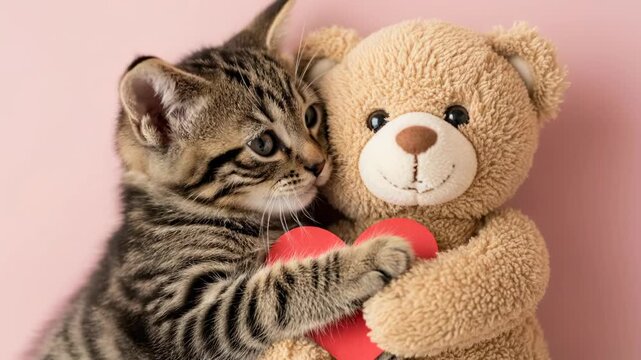 Cute kitten hugging a teddy bear with a red heart, love and tenderness, Valentine's Day video.