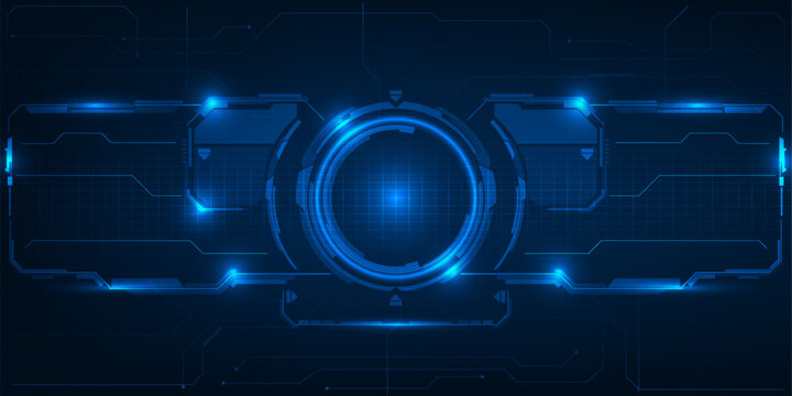 Abstract digital technology background with hi tech circle HUD and grid panels at both side for tech product advertising.Vector illustrations.