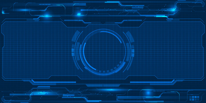 Vector illustration of abstract digital technology background with hi tech circle HUD and grid panels user interface for game graphic and tech product advertising.
