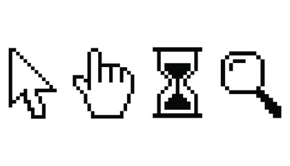 Pixelated computer cursors arrow hand hourglass magnifying glass icons pixel art
