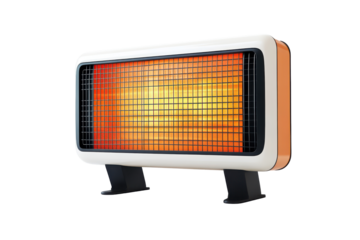 Electric radiant heater with glowing heating element isolated on transparent background. Electric heater isolated on white background.