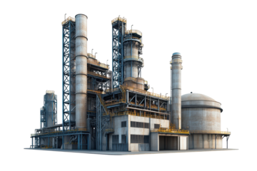 Blue industrial factory with smoking chimneys isolated on transparent background. Factory isolated on white background.