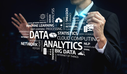 A focused businessman illustrates the dynamic world of data analytics. Diverse keywords highlight key concepts in machine learning, big data, and cloud computing. Tessel