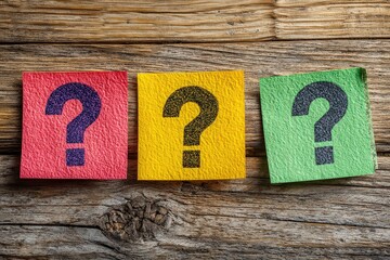 Colorful Question Mark Stickers on Wooden Surface