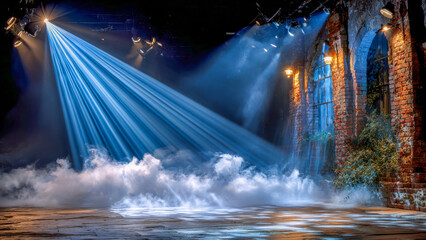 Bright beams of light dance above a misty stage set in an old brick venue, creating an enchanting atmosphere for a night of unforgettable performances